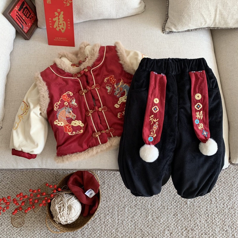 143儿童新年马年新年款冬装周岁刺绣加厚套装男女元旦表演拜年服