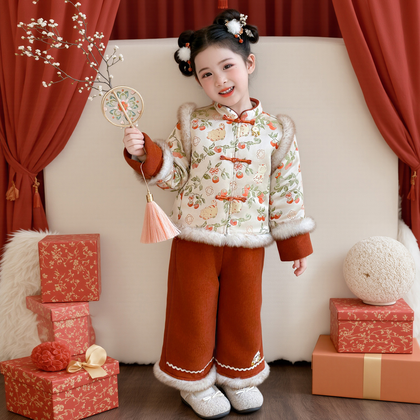 女童童拜年服喜庆冬装儿童过年服宝宝新年加厚套装2026年服元旦