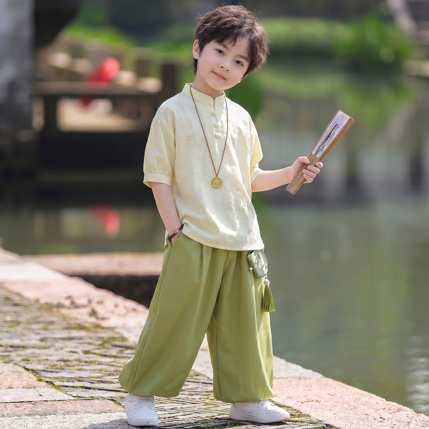 男童国风套装夏装薄款棉布汉服新中式禅意短袖上衣灯笼裤束口长裤