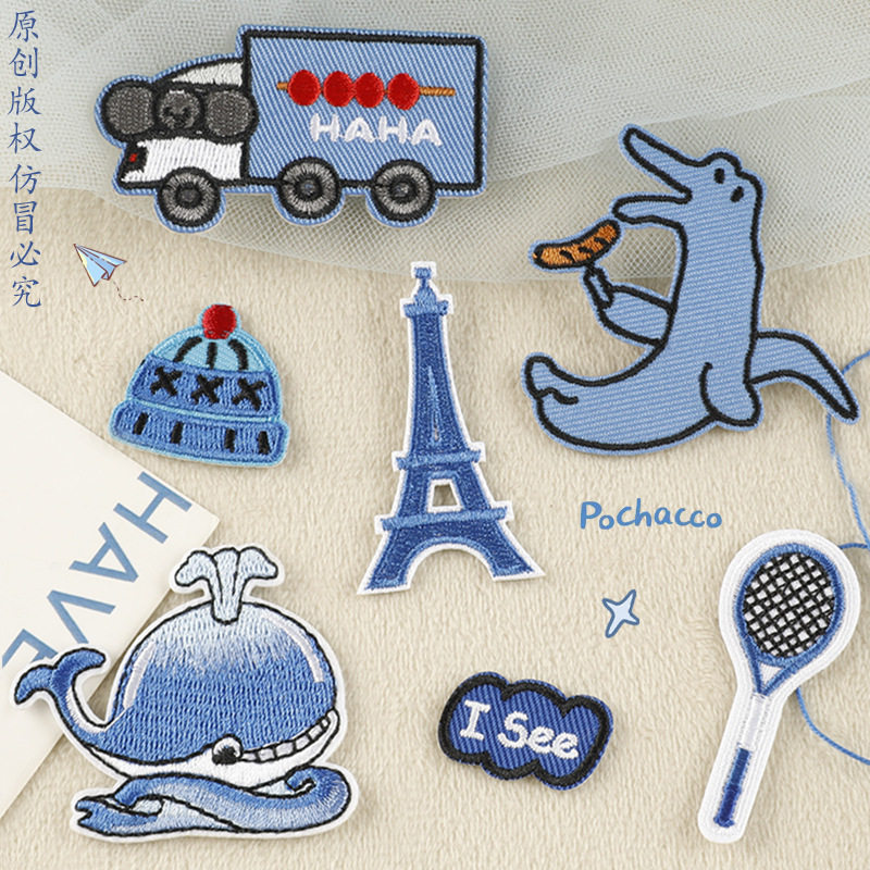 电脑绣花标卡通蓝色系动物英文patch配饰服装辅料熨烫款刺绣布贴