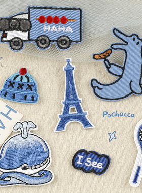 电脑绣花标卡通蓝色系动物英文patch配饰服装辅料熨烫款刺绣布贴