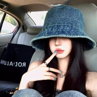 原创设计做旧复古牛仔渔夫帽子女春秋大帽檐防晒百搭显脸小盆帽潮