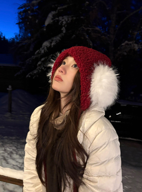 红色毛绒帽子女冬季保暖防寒护耳新年圣诞可爱针织帽显脸小毛线帽