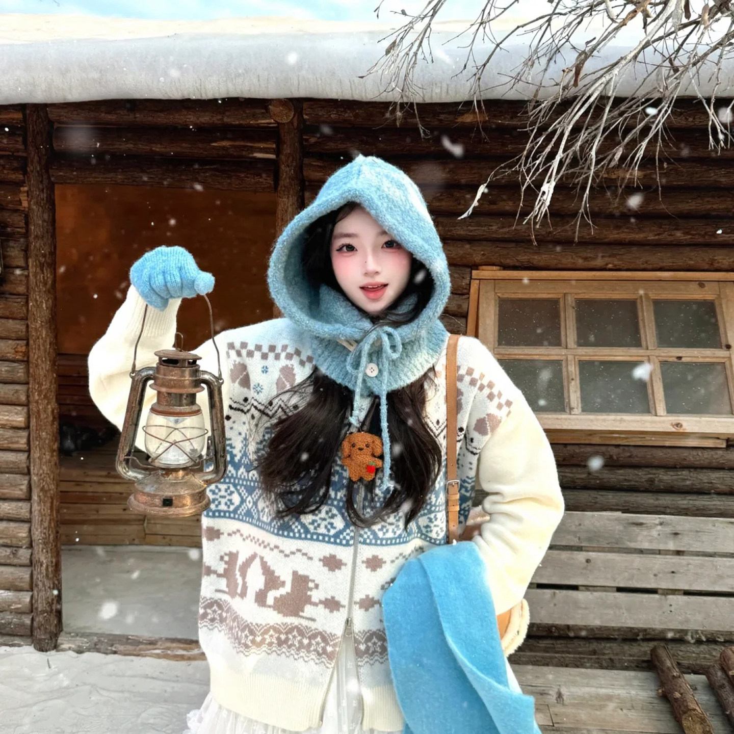 小众费尔岛风连帽毛绒帽女冬季保暖雪地帽可爱少女风毛绒护耳帽子