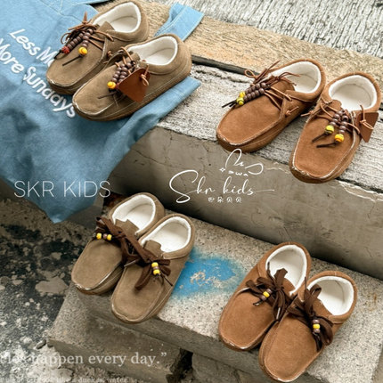 意大利2025冬全手工牛皮儿童复古做旧休闲豆豆鞋袋鼠鞋棉鞋勃肯鞋