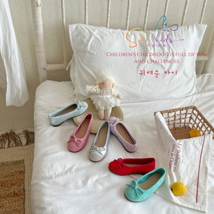 25秋复古蝴蝶结晚晚鞋 女童彩色多巴胺牛反绒甜美一脚蹬芭蕾鞋 舞鞋