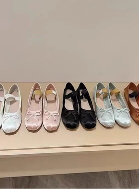 miu家同款蝴蝶结平底芭蕾舞单鞋真丝绸缎白色法式单鞋玛丽珍女童