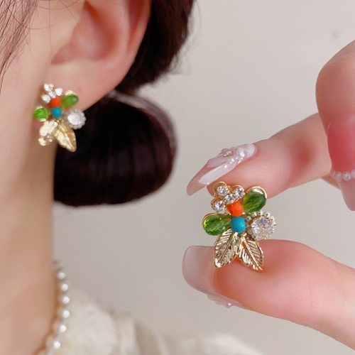 s925纯银针夏季新款手工款水晶树叶耳钉精致简约百搭时尚饰品