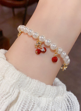欧美跨境个性时尚温柔百搭芒星红色樱桃珍珠手链气质甜美清新手饰