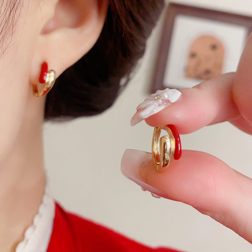 法式复古时尚简约红色金属几何耳扣女个性轻奢独特冷淡风耳圈