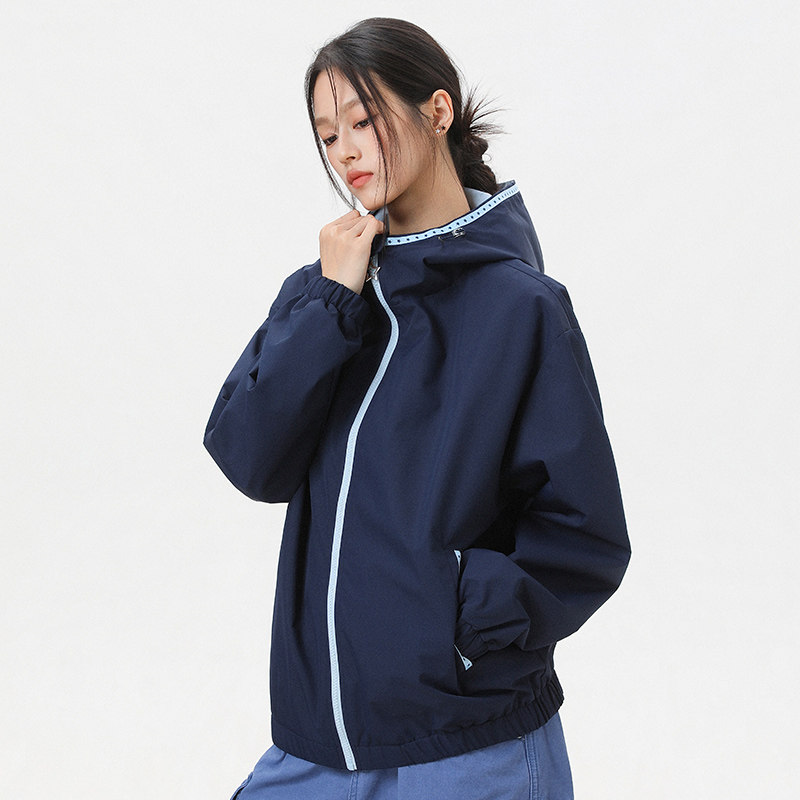 运动风连帽短外套女宽松撞色拉链夹克深蓝色休闲百搭情侣款上衣男