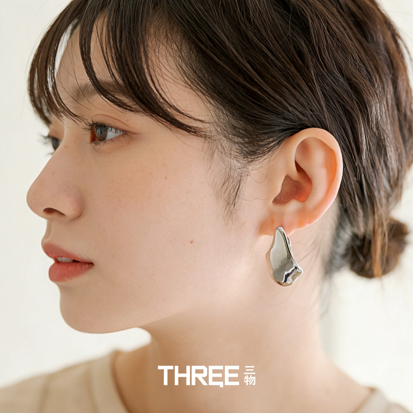 三物THREE日韩小众风~少女感气质冷淡抽象立体形通勤耳扣式耳环