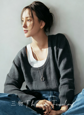 三物THREE秋冬款简约气质复古清冷风马蹄形吊坠长款毛衣项链