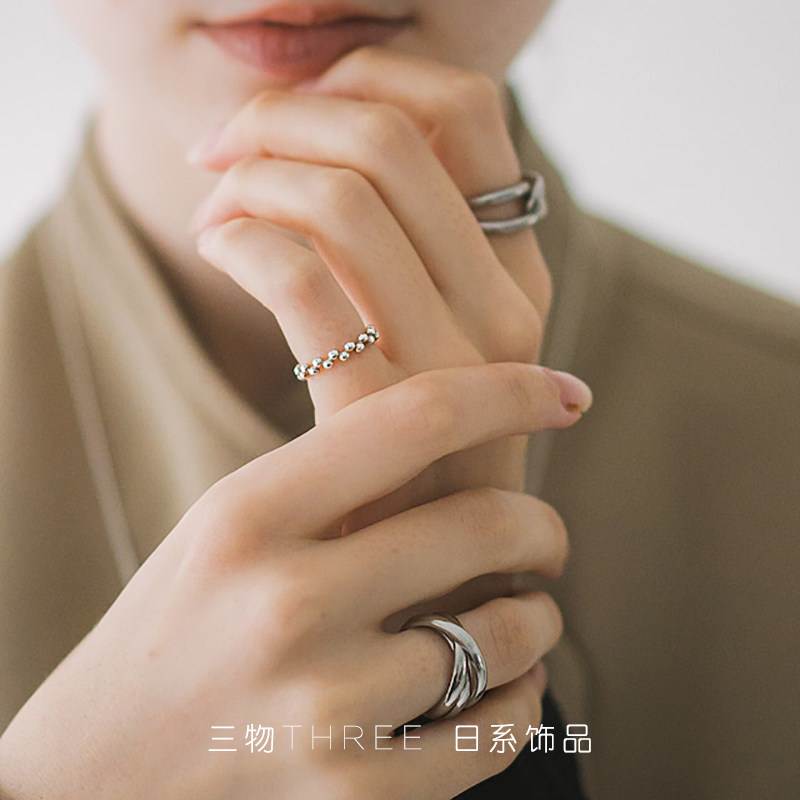 THREE日系S925银尾指复古法式女百搭简约小珠珠开口极细款戒指