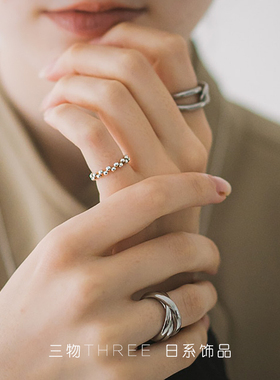 THREE日系S925银尾指复古法式女百搭简约小珠珠开口极细款戒指