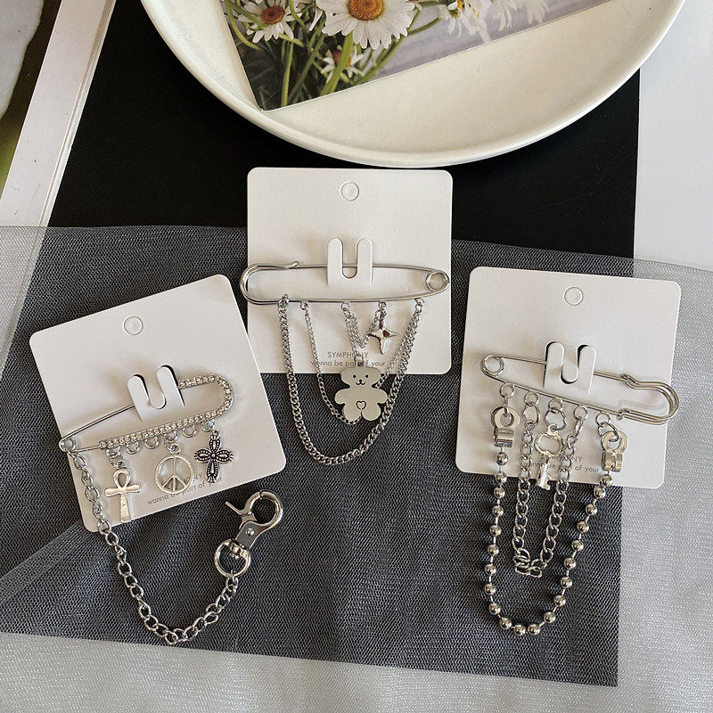 ins风朋克复古几何金属圈流苏长链条胸针潮男女防走光领口别针扣