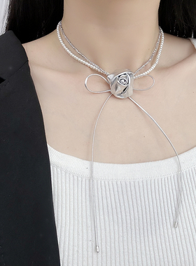 银色甜酷风锁骨链玫瑰花朵珍珠