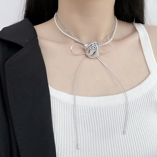 双层绑带甜酷风蝴蝶结项链防皮绳银色玫瑰花朵珍珠锁骨链个性甜美