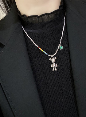 潮酷小熊吊坠毛衣项链彩珠豆豆冷淡风卫衣链嘻哈配饰银色颈链