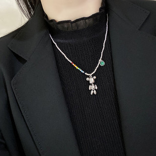 潮酷小熊吊坠毛衣项链彩珠豆豆冷淡风卫衣链嘻哈配饰银色颈链