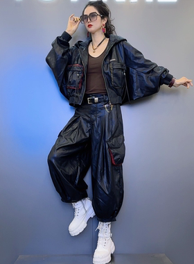 PY-1宽松蝙蝠袖拉链连帽皮衣-撞色立体口袋装饰皮裤