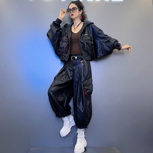 饰皮裤 撞色立体口袋装 拉链连帽皮衣 1宽松蝙蝠袖