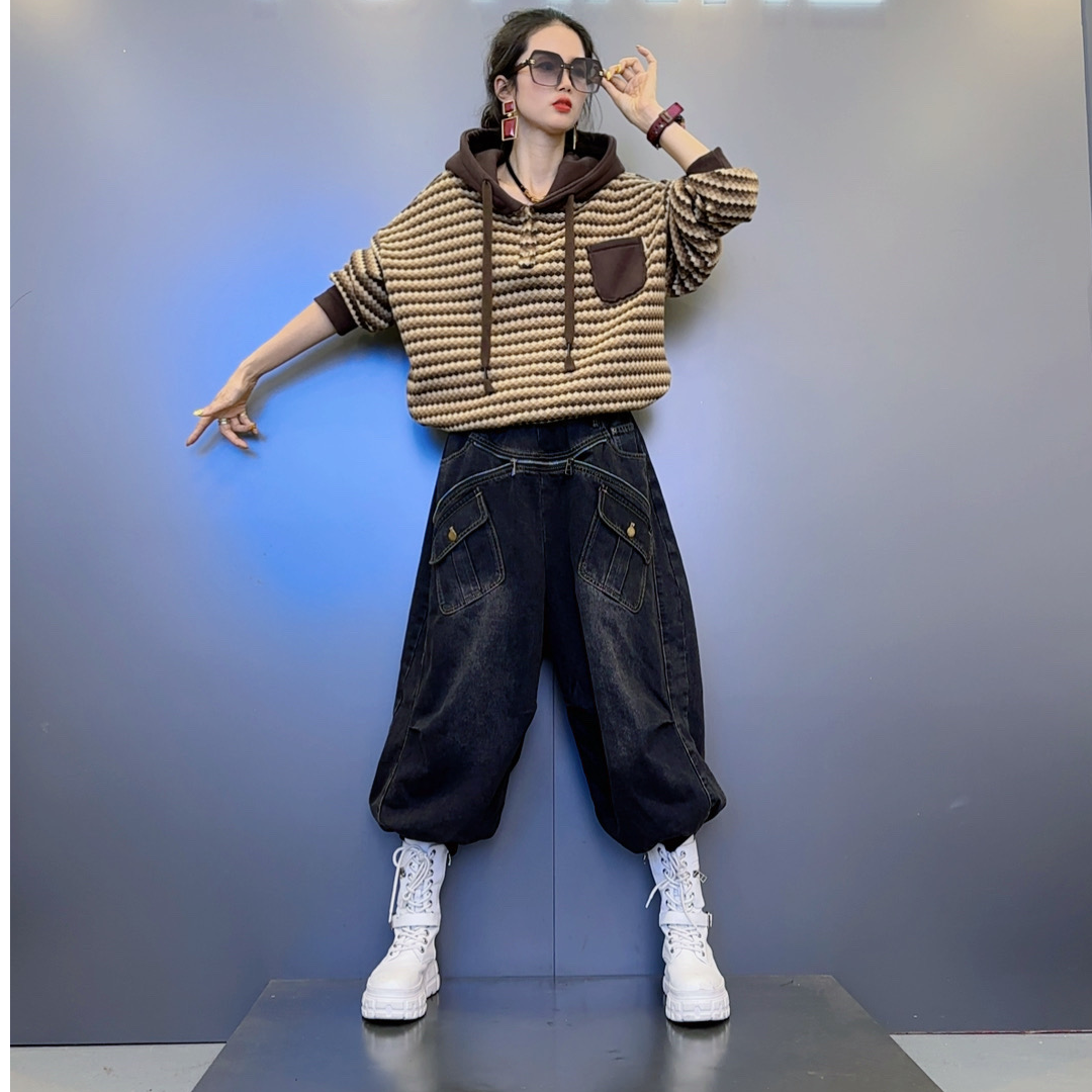 M5-2厚款珍珠绒【咖 芥黄】上衣-个性拉链设计植绒牛仔灯笼裤