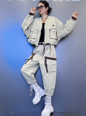 QC2秋季重工刺绣洗水牛仔【杏 紫】色外套-侧边大口袋洗水牛仔裤