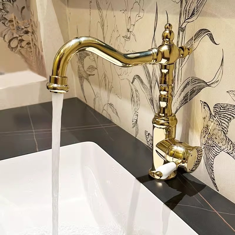 法式复古黄铜面盆冷热水龙头