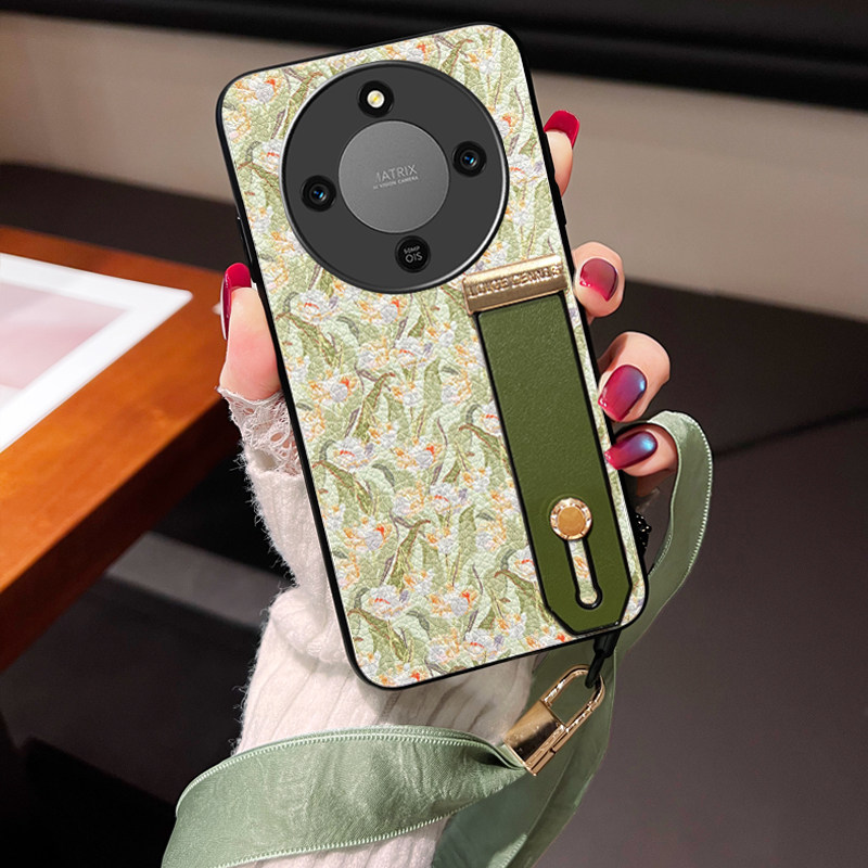 适用荣耀x70郁金香花手机皮套x60pro荔枝纹复古时尚x50i腕带支架支撑X40PRO全包丝巾挂脖挂绳X30MAX皮外壳绿,3C数码配件,手机保护套/壳,淘宝优惠券,粉丝福利购,淘宝优惠卷