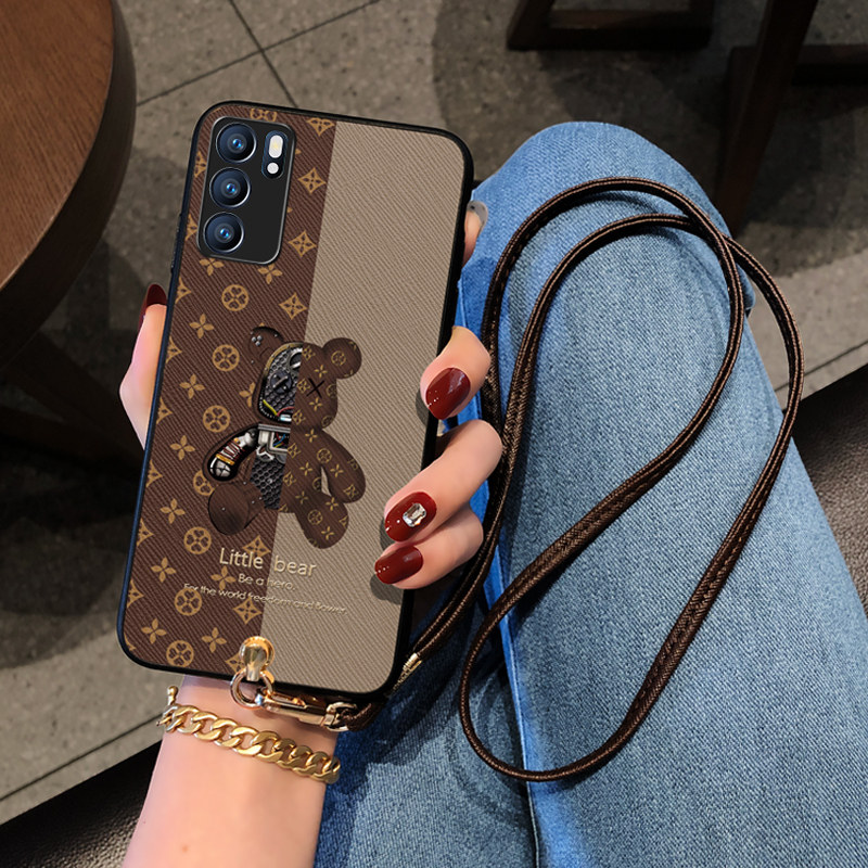 Icool适用OPPOReno6小熊手机壳reno5pro+条纹熊保护套挂脖挂绳硅胶女reno4pro机器熊皮套reno3网红款时尚斜跨