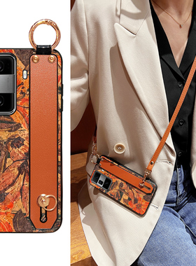 Icool适用荣耀magicv5木纹印花vs3手机壳MAGICV2折叠屏木棉花vpurse腕带支架V3可调斜背挂绳vs2保护皮套硅胶