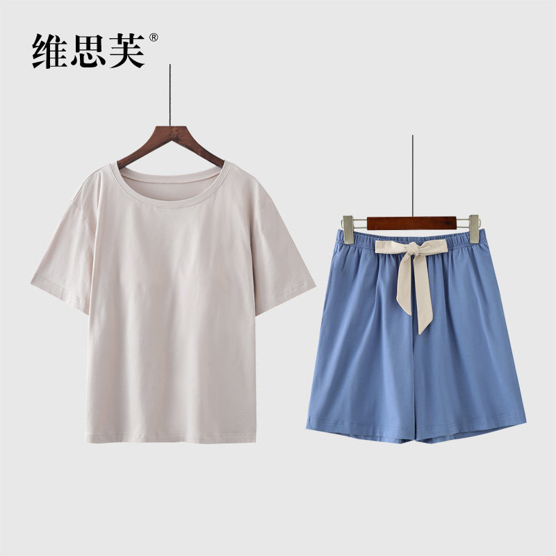 免穿文胸冰瓷棉睡衣女士带胸垫短袖套装短裤撞色家居服套装