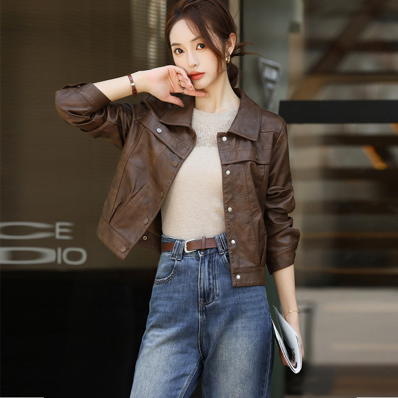 秋冬新韩皮机车短款立领外套女上衣蝙蝠袖开衫宽松皮衣夹克外套
