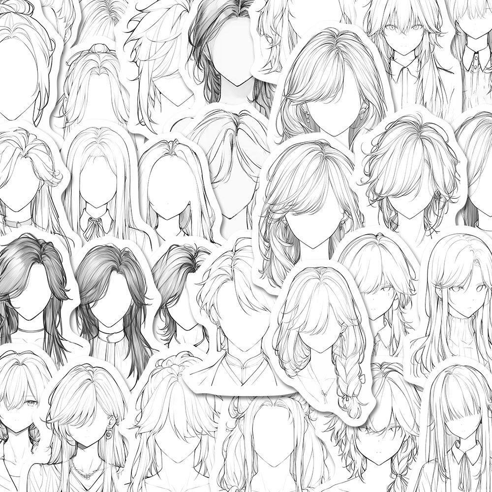 134张头发画法贴纸二次元oc女生发型参考美术生绘画素材diy装饰贴