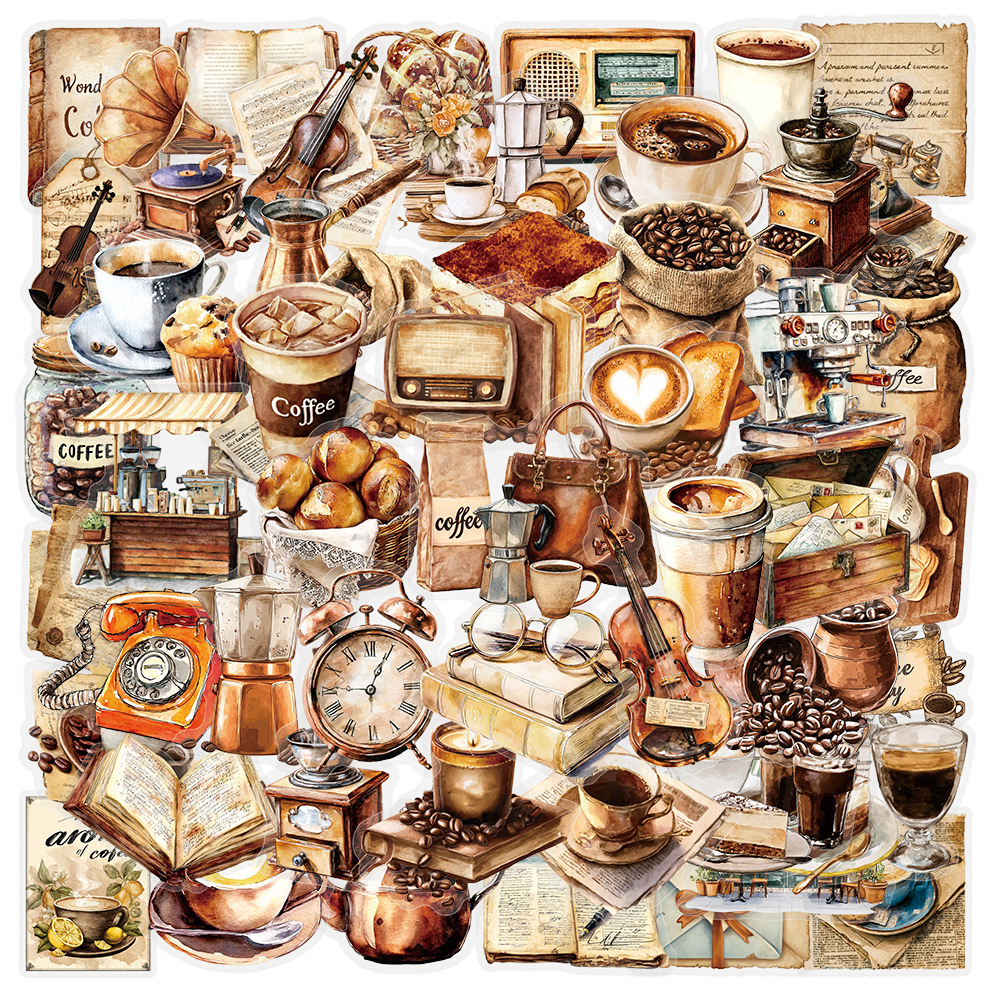 100张下午茶咖啡元素PET贴纸创意文艺复古ins风透明素材手账贴画