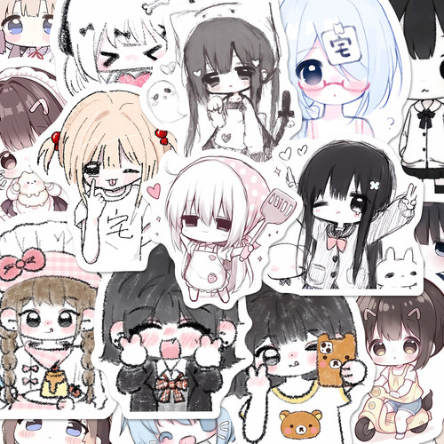 二次元可爱软萌女生贴纸卡通少女手账素材DIY装饰平板手机壳贴画