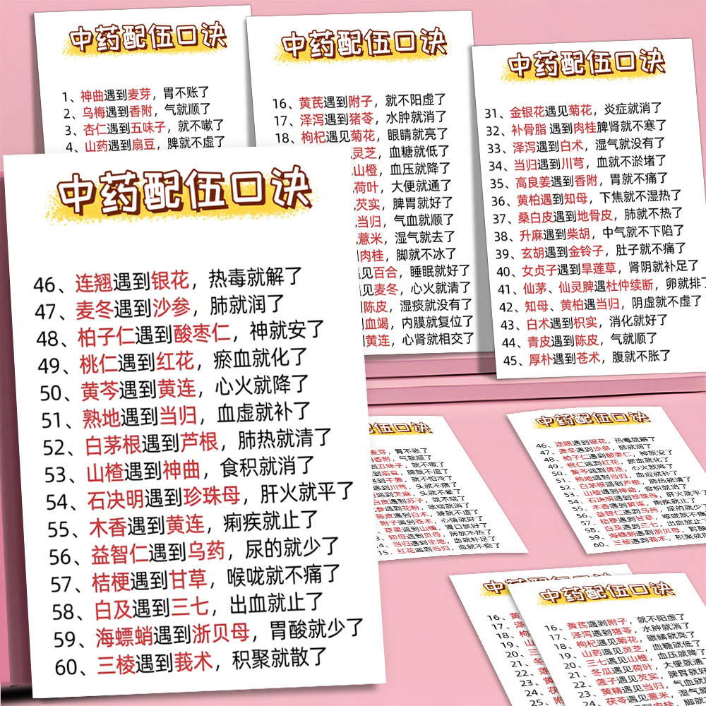 中医药配伍口诀中医常见配伍药效速记药材调理配方便携学习小卡