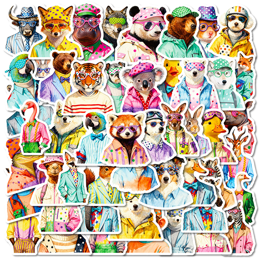 112张拟人动物时尚穿搭贴纸卡通彩绘装饰笔记本桌面diy防水贴画