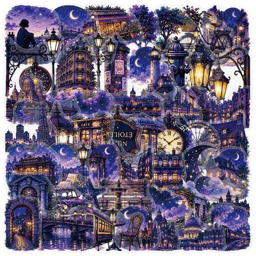 100张紫色夜景PET贴纸紫调星空晚间氛围感风景素材diy手账贴画