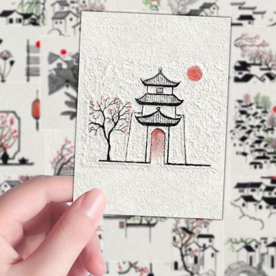 240张古村一隅贴纸绘画随手简笔画古风山水风景装饰笔记本桌面diy