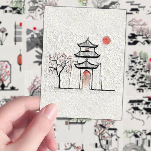 240张古村一隅贴纸绘画随手简笔画古风山水风景装饰笔记本桌面diy