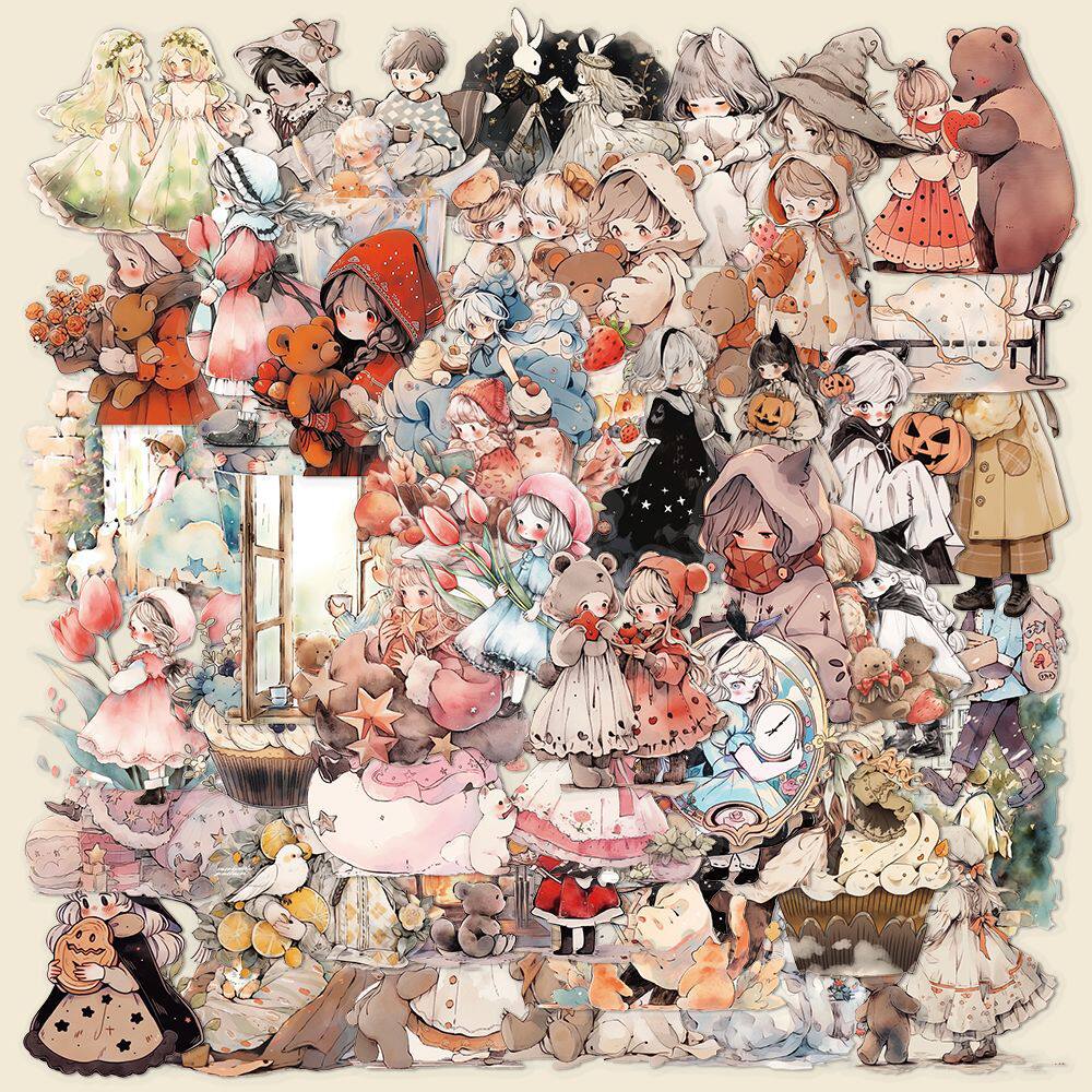 100张水彩童话PET贴纸卡通可爱彩绘小女孩diy手账手机壳贴画防水