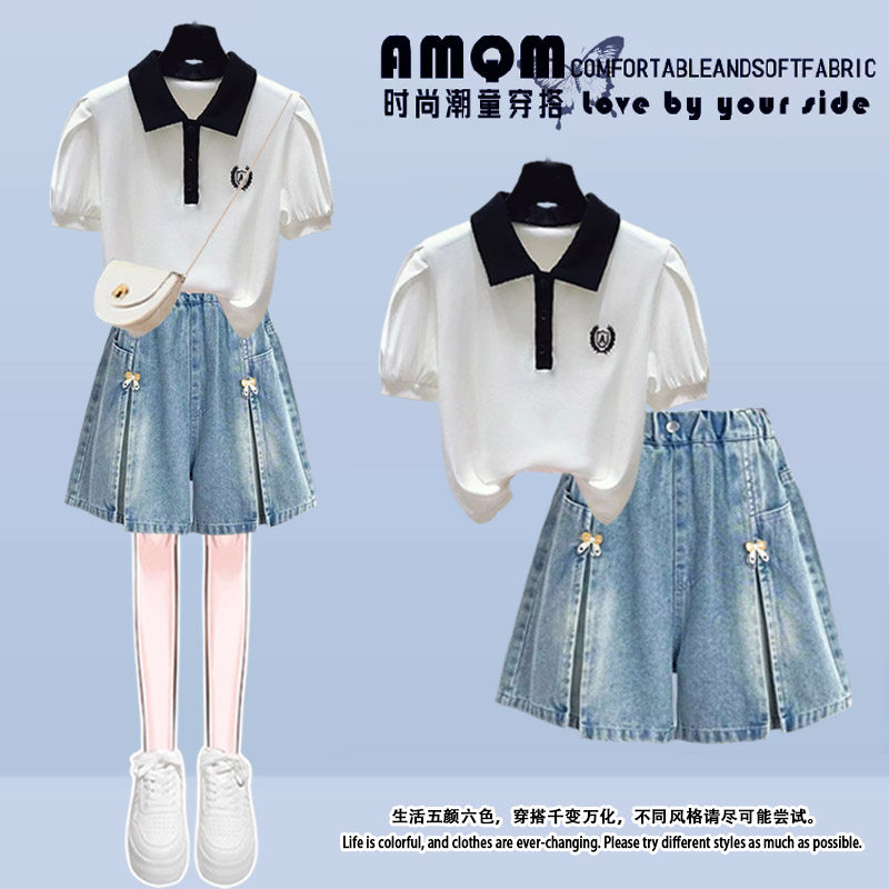 小清新时尚套装女夏季学生学院风polo衫短袖上衣牛仔短裤两件套潮