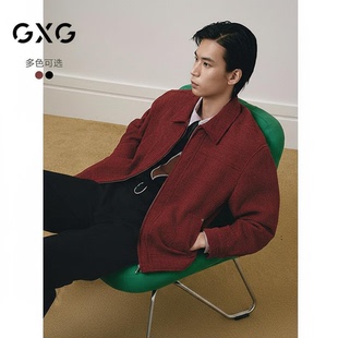 GXG男装 圣诞新年小香风铆钉红色简约通勤翻领夹克外套25年春新品