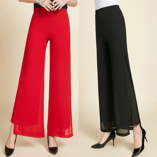 女长裤 休闲直筒甩裤 高腰大码 薄款 双层开叉舞蹈裙裤 垂感雪纺阔腿裤