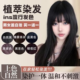 黑色染发剂膏黑茶色天然无刺激植物纯自然黑染头发膏男女盖白正品