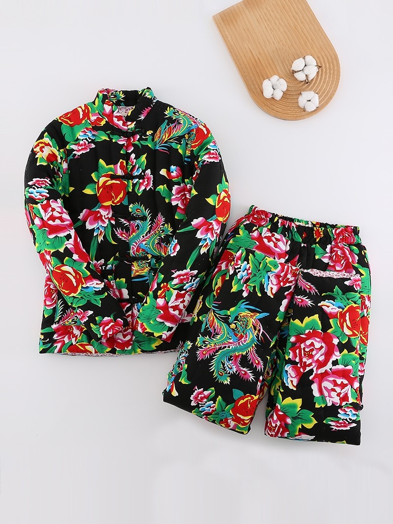 큰 꽃 천 순수 수제 면화 코트와 바지 남성 정장 중년 및 노인 두꺼운 따뜻한 슬림 면 재킷 바지