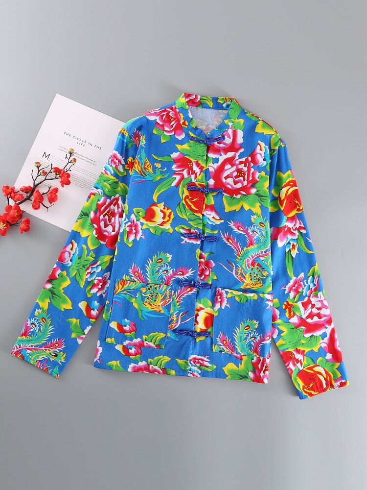 NORTHEAST LARGE FLORAL CLOTH PURE COTTON SPRING AND AUTUMN SUMMER MENS JACKETS LONG-SLEEVED TANG SUIT TOPS FESTIVAL FOLK COSTUME COSTUMES