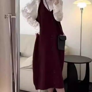 Q013  秋冬新款韩版简约休闲宽松针织背带裙中长款毛衣吊带裙外穿